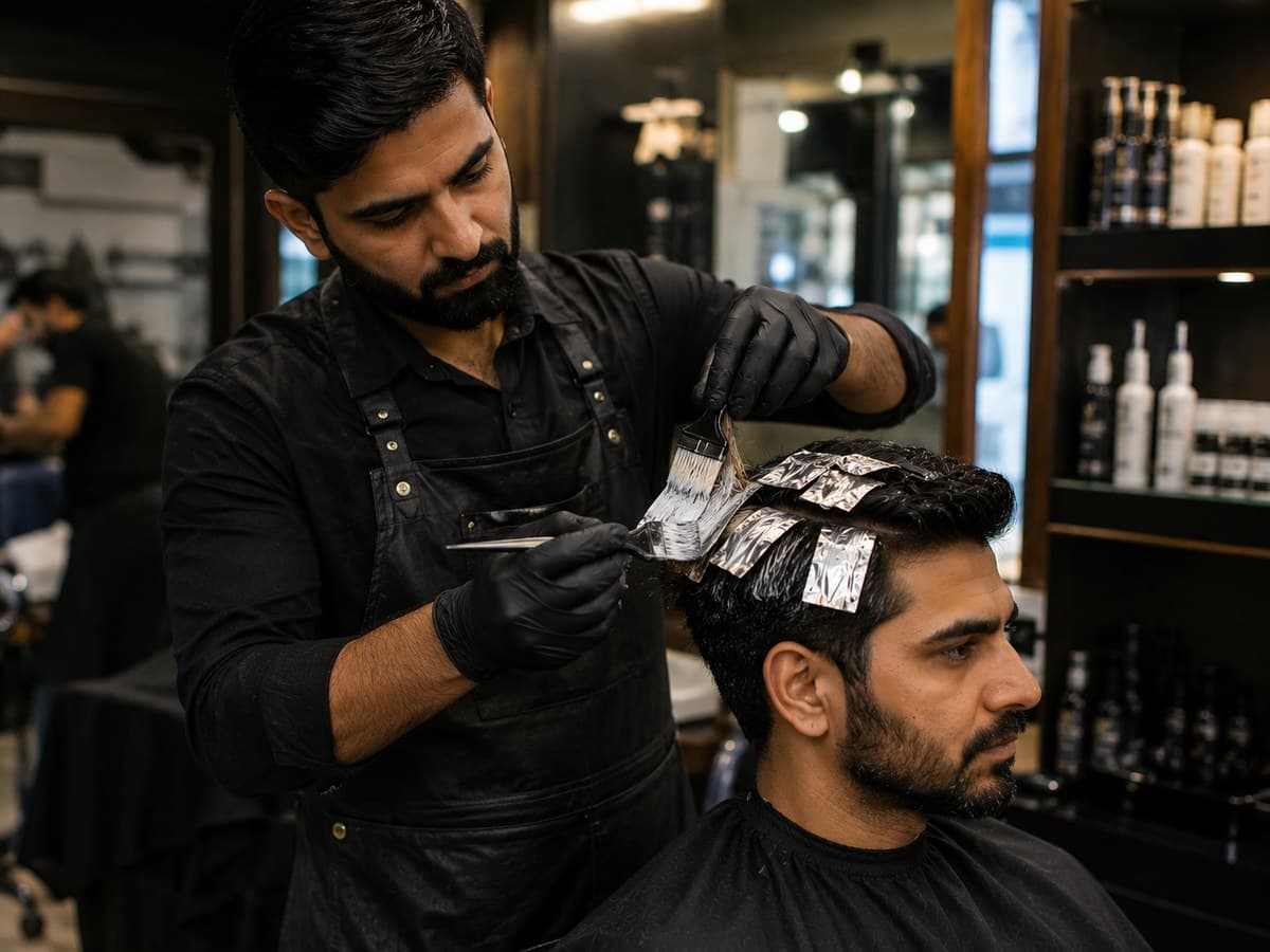 An Americuts barber applying colour highlights